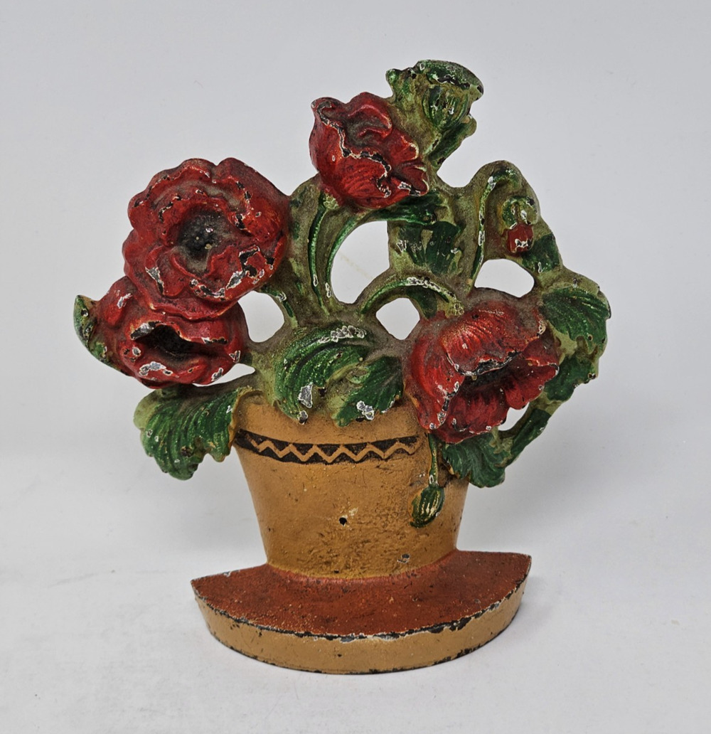 Antique Hubley Doorstop Cast Iron #330 Red Poppy Vase
